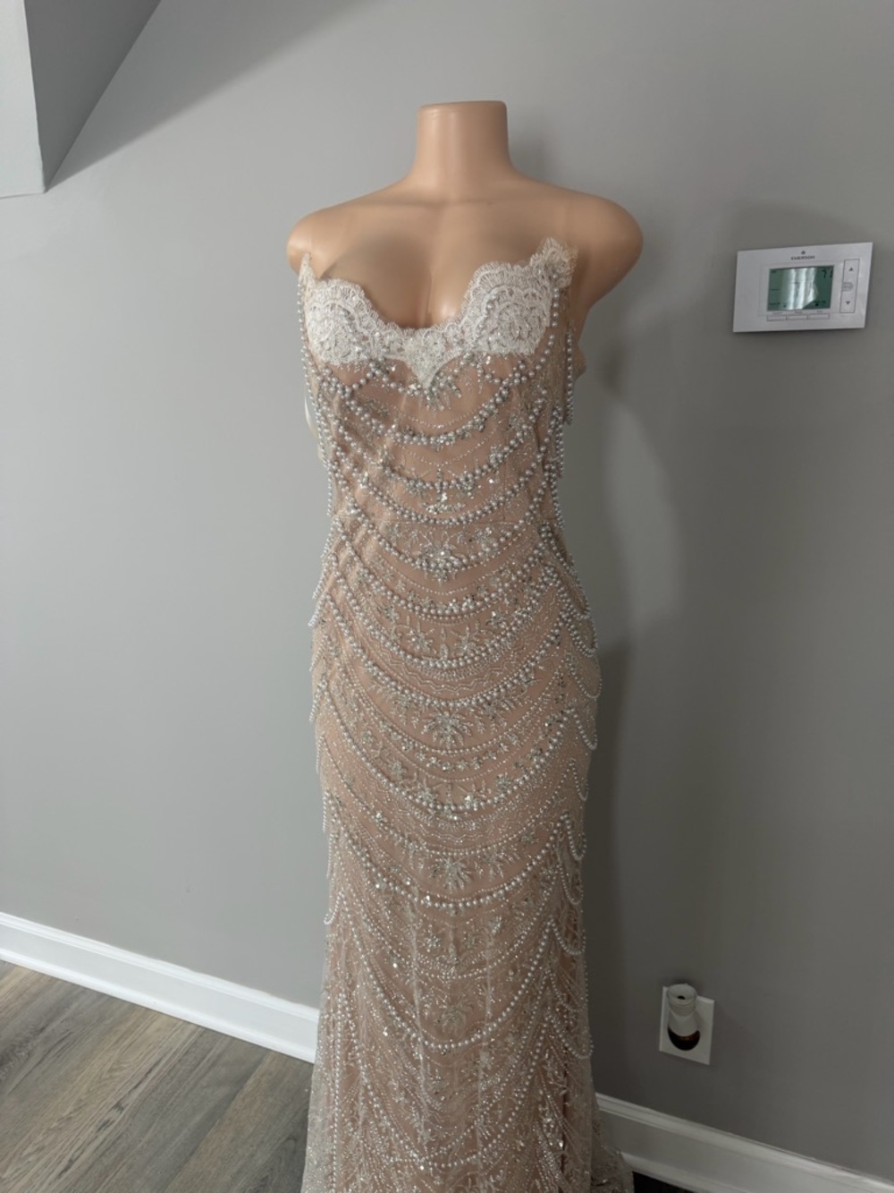 Beaded Strapless Nude Evening Gown with Lace Bust